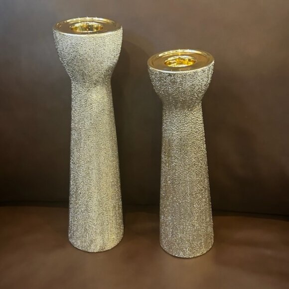 NWOT Set of 2 Luxury Champagne Beaded Ceramic Decorative Candle Holders - Picture 5 of 16